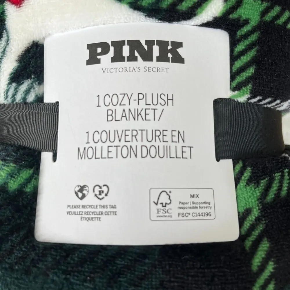 Victoria's Secret PINK Cozy Plush Logo Blanket Green Plaid Dog 50